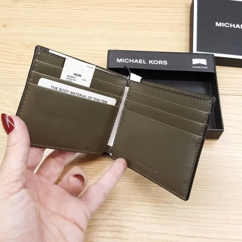 MICHAEL KORS Mens Slim Bifold Wallet Olive Green Saffiano Leather Boxed $78